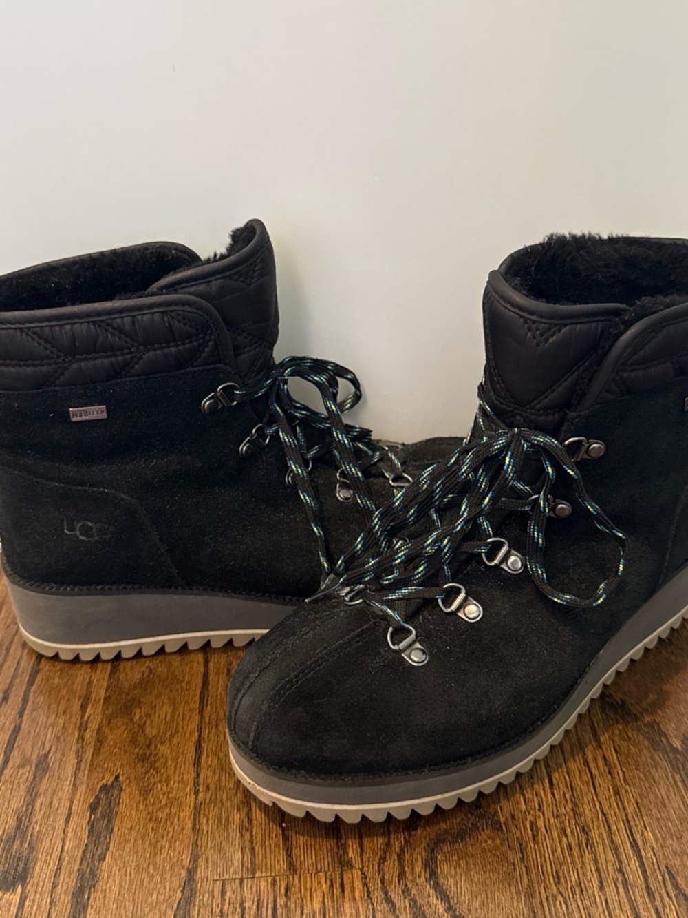 UGG Black Suede Lace-Up Ankle Booties with Contrasting Sole